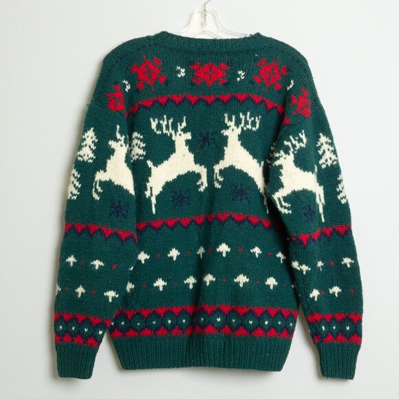 Eddie Bauer Reindeer Wool Sweater Green Nordic Christmas Vintage - Picture 3 of 12